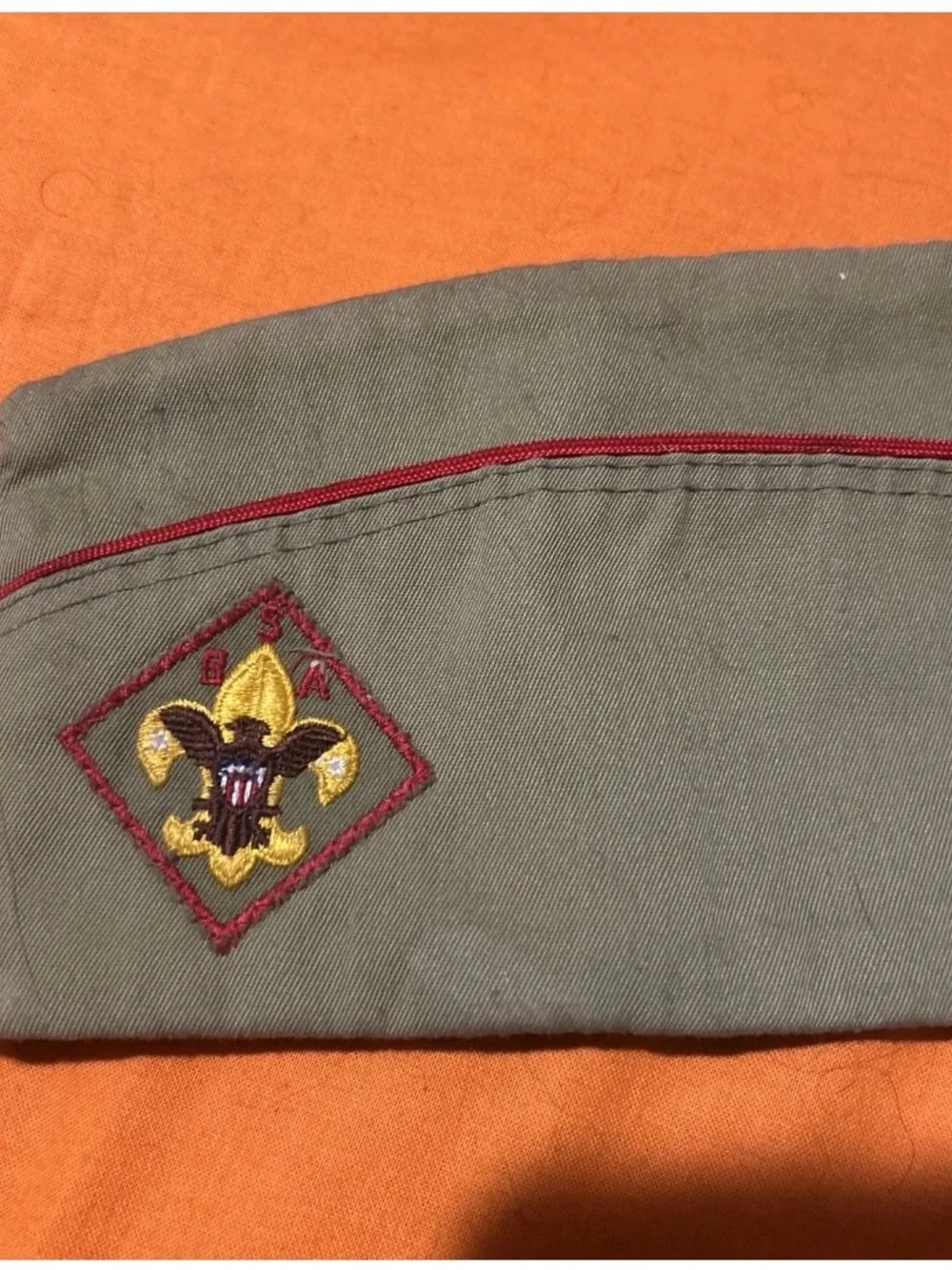 Kids Olive Scout Side Cap with Red Trim and Fleur-de-Lis Patch